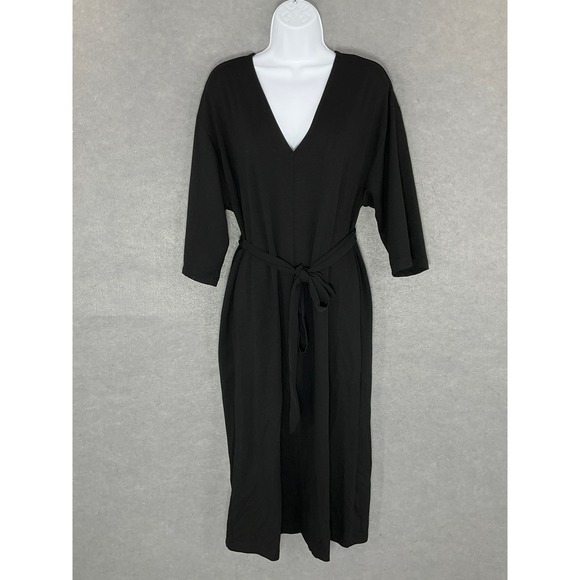 Zara Black Midi Dress V-Neck Tie Waist 3/4 Sleeve Minimalist Sz S Capsule Office - Picture 1 of 12